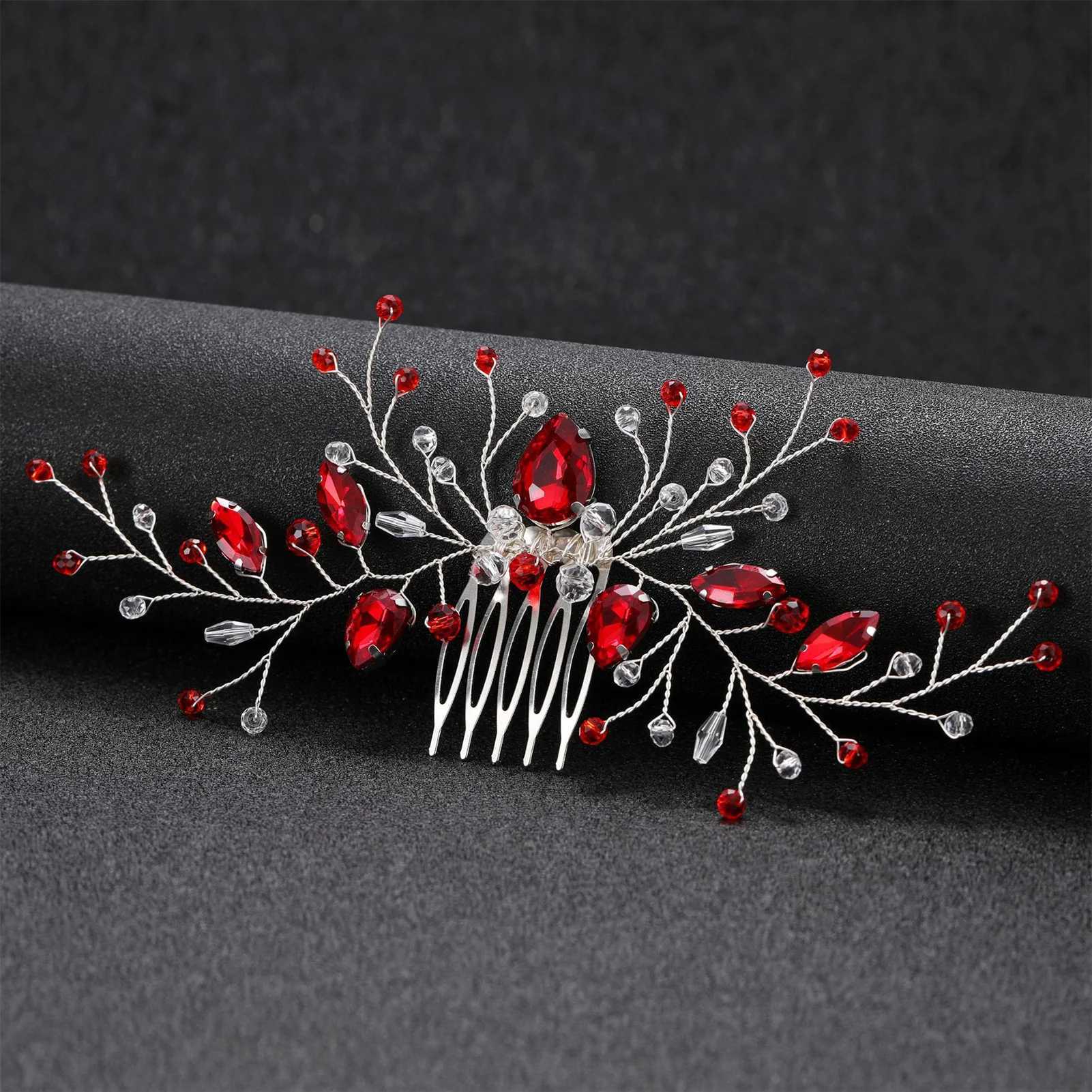 Wedding Hair Combs Hair Accessories Red Color Rhinestone Hairpins Clips Silver Color Metal Headpieces for Bride Novia Jewelry Z250605