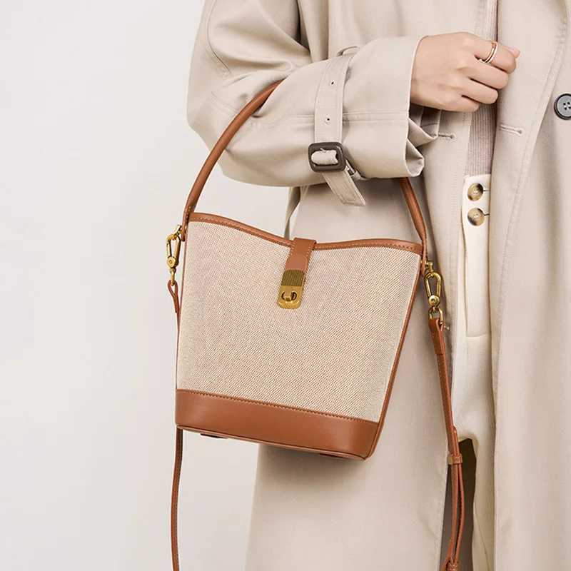 Weaving Female Messenger Bags Color Splicing Women Bucket Shoulder Bag Canvas Combining Man-made Leather Ladies Handbags M250606
