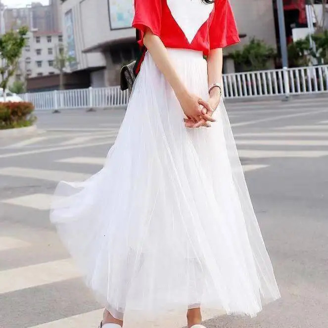 Vintage Tulle Skirt Women Streetwear Elastic High Waist Mesh Pleated Skirts Summer Elegant Korean A Line Office Ladies Skirt 250605