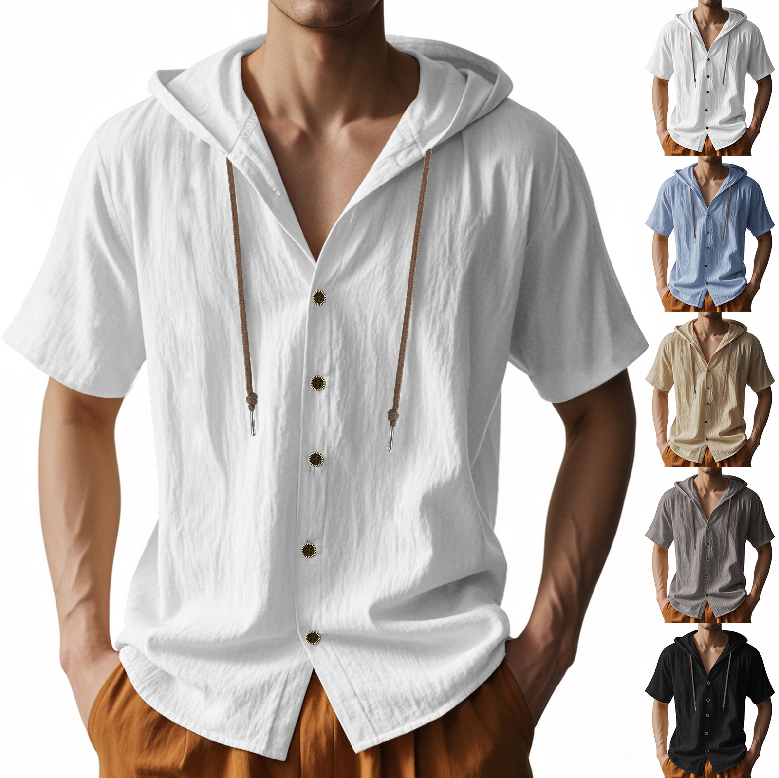 Summer Casual Shirts For men Cotton Linen Hoodies Men Summer Thin Breathable Linen Loose Hooded Men's Short-Sleeved Shirt Size: S-3XL (European S