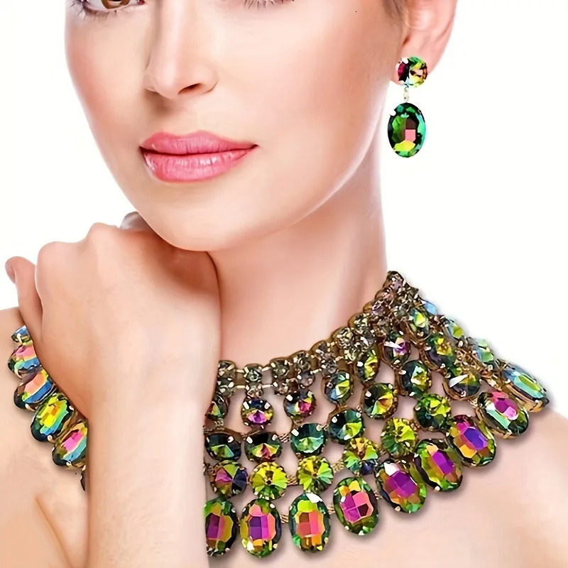 Lady 3 Pc Exaggerated Style Full of Rhinestone Necklace Earrings Set For Birthday Parties Multiple Color Options 250530