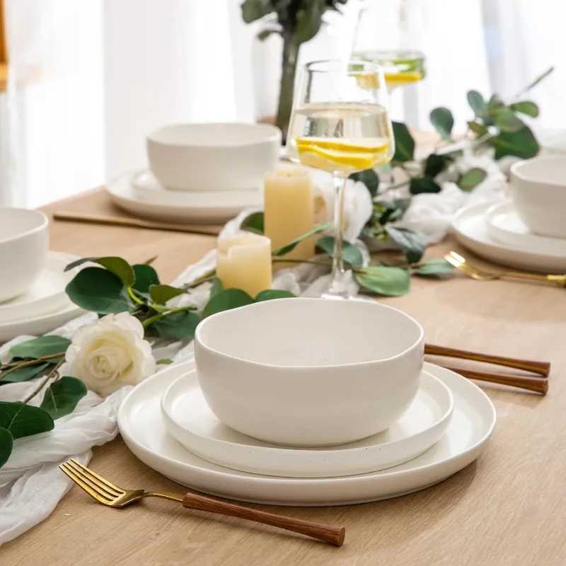 Ceramic Dinnerware Sets Wavy Rim Stoneware Plates and Bowls Sets Highly Chip and Crack Resistant Service for 4C250606