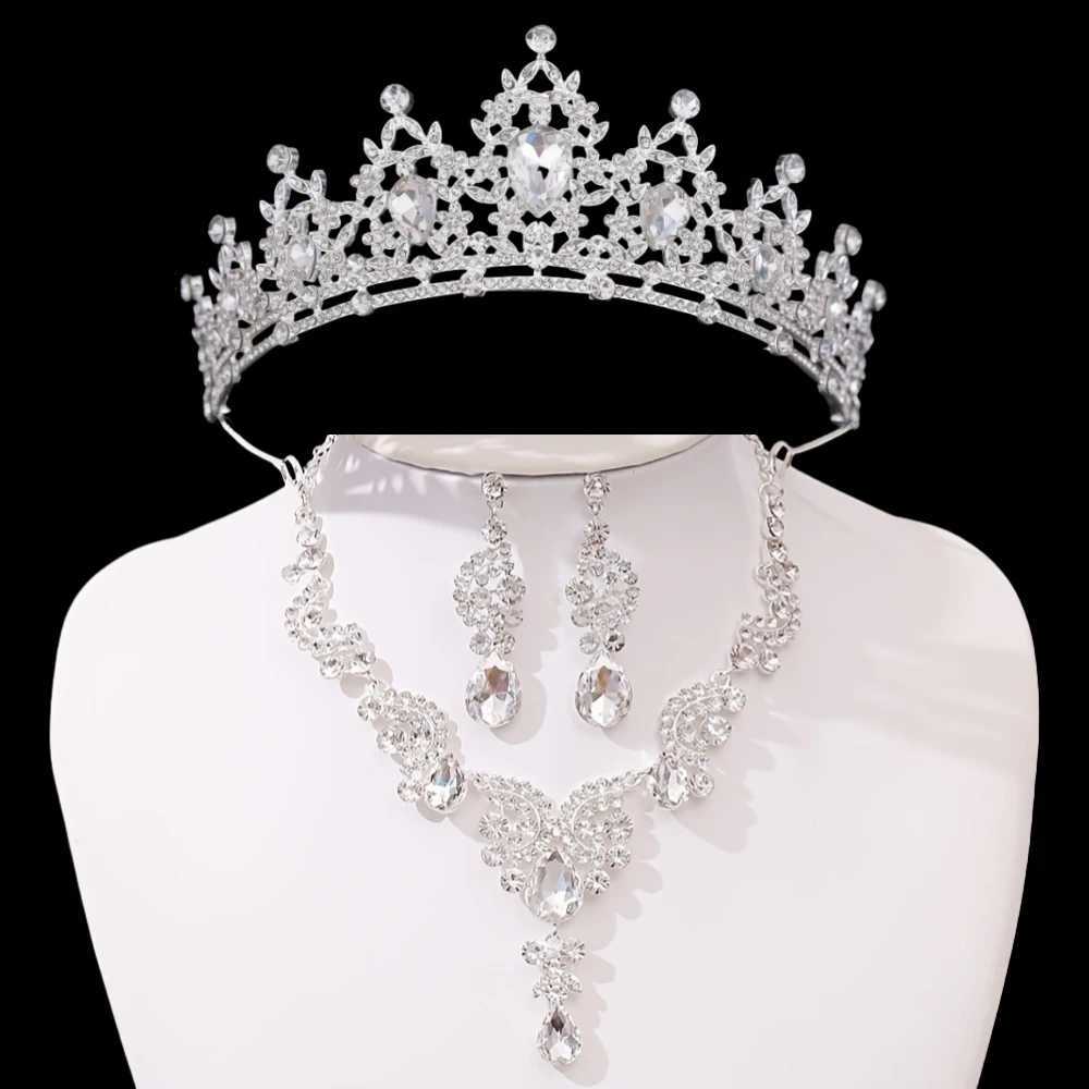 3Pcs Crystal Crown Necklace Earring Set Rhinestone Bridal Jewelry Set Women Bridal Wedding Hair Accessories Jewelry Crown Tiara Z250605
