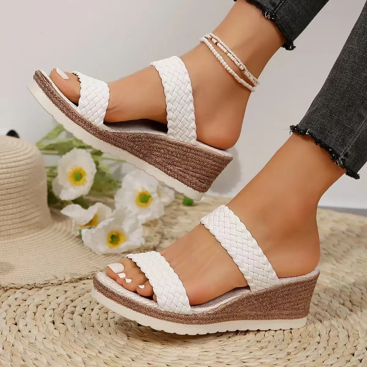PU Leather Woven Wedge Sandals for Women 2025 Summer Fashion Platform Slippers Woman Casual Comfortable Outdoor Beach Sandalias 250605