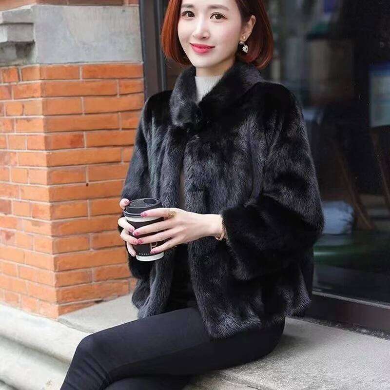 Women's New Imitation Mink Coat Slim Stand Collar Short Black Fur Jacket Autumn Winter Loose Ladies Soft Faux Plush Overcoat