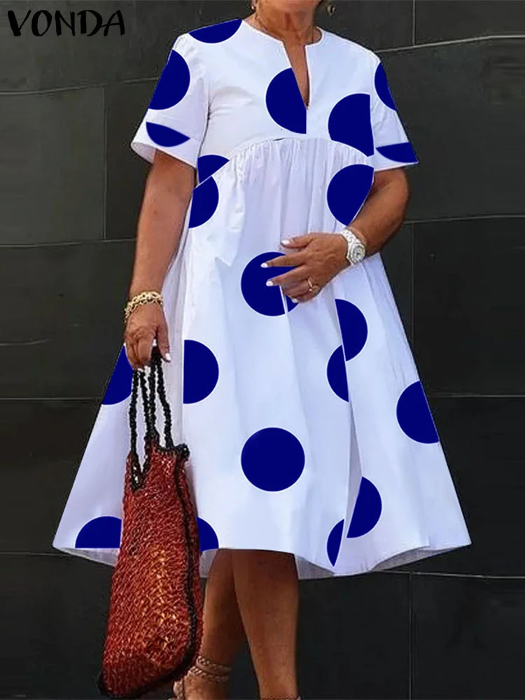 VONDA Plus Size 5XL Women Polka Dot Dress 2024 Summer V Neck Party Sundress Bohemian Maxi Long Vestido Beach Robe Elegant 250526