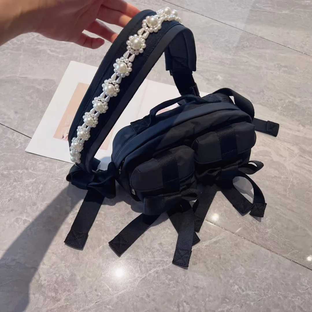 FIRMRANCH Pearl Bead Braided Flower Shoulder Strap Bow Design Canvas Square Single Shoulder Oblique Straddle Bag For Woman Purse M250606