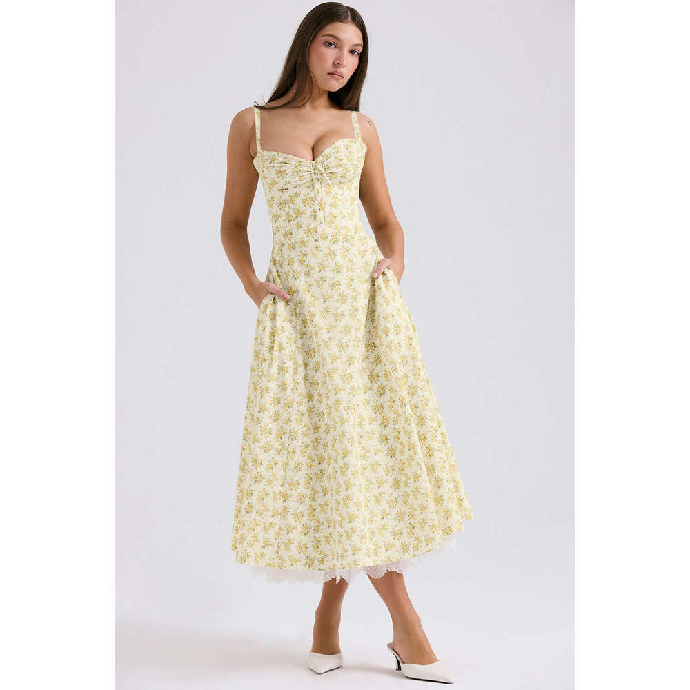 Elegant Series French Style Summer Gentle Slimming Floral Strap Long Dress B5