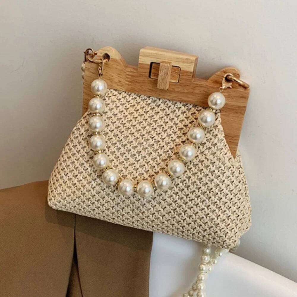 Summer Wooden Rattan Shoulder Brand Crossbody Nice Pearl Chain Straw Bag Hand-Woven Handbags Women 2025