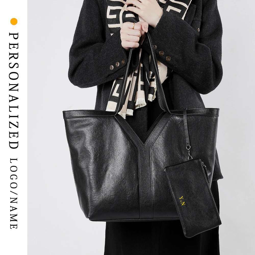 Free Custom-Made Genuine 2025 Leather Tote Shoulder Large Capacity Women's Armpit Handbag Cowhide Bag