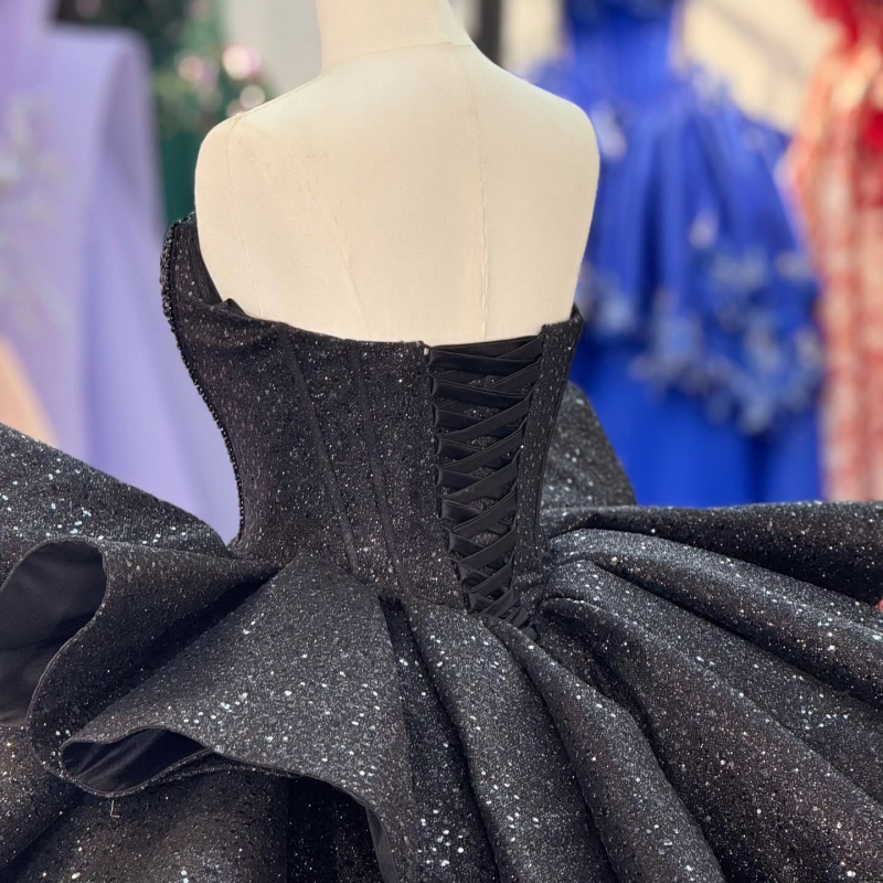 Black Shiny Off The Shoulder Ball Gown Quinceanera Dresses Beading Crystal Tull Sweet 16 Dress vestidos 15 De Anos