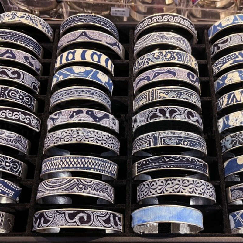 DHcollections Batik Plant Grass Dye Blue and White Miao Sier Open Bracelet Ethnic Style Jewelry