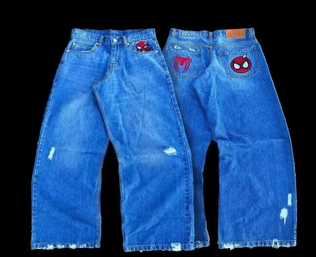 Trendy Spider Embroidered Jeans for Men High Street Design Straight Harajuku Style Hip-Hop Floor-Length Pants