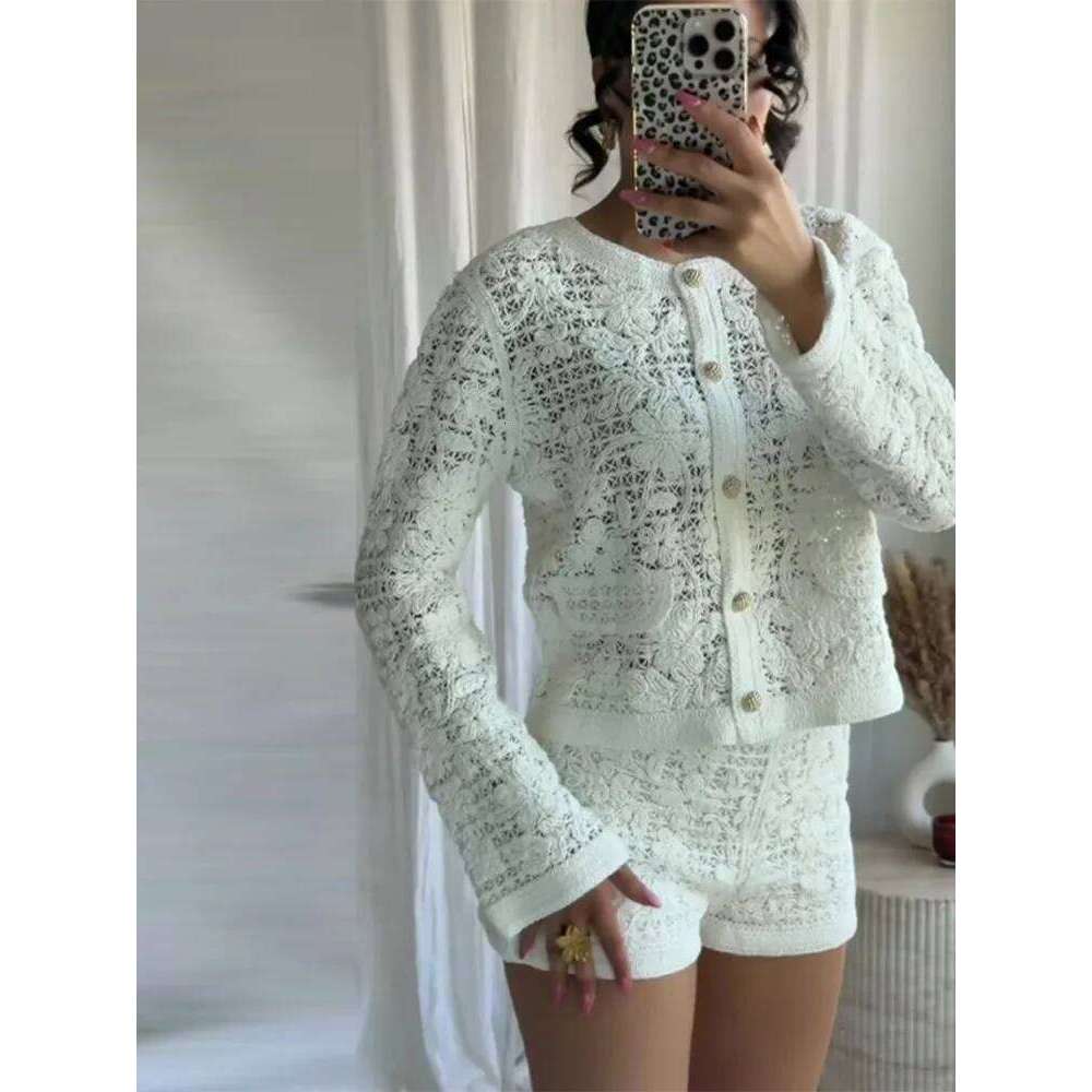 Chic Knitted Flowers Cardigan Shorts Set Women Casual Loose Hollow Out Button Tops High Waist Pants Female's Sets Spring Outfits