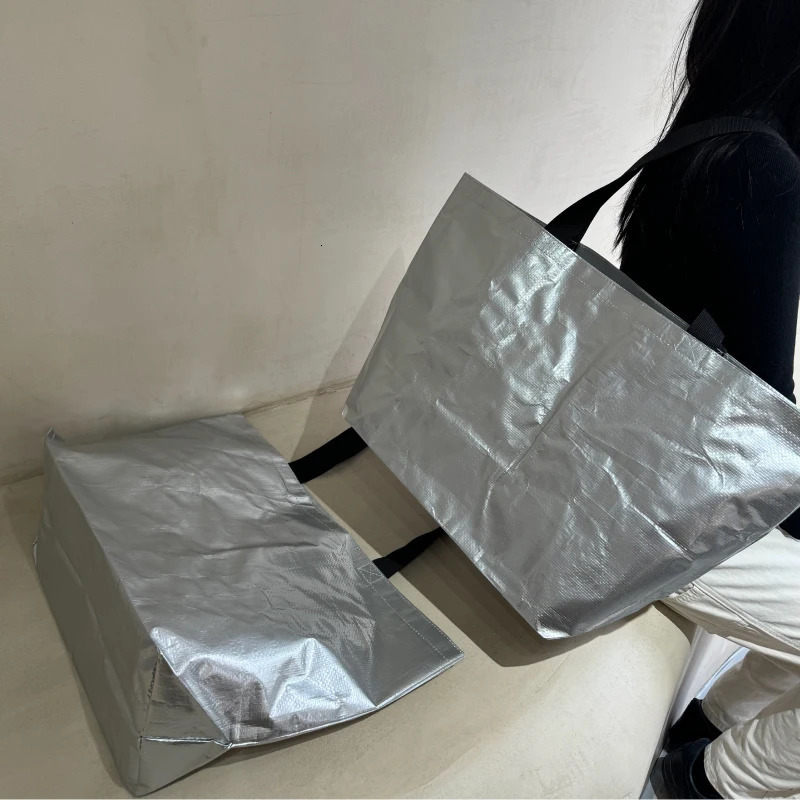 Silver Colour Woven Shopping Bag Large Size Shoulder Bag Reusable Waterproof Portable Handbag For Travel Grocery Clothes 250530