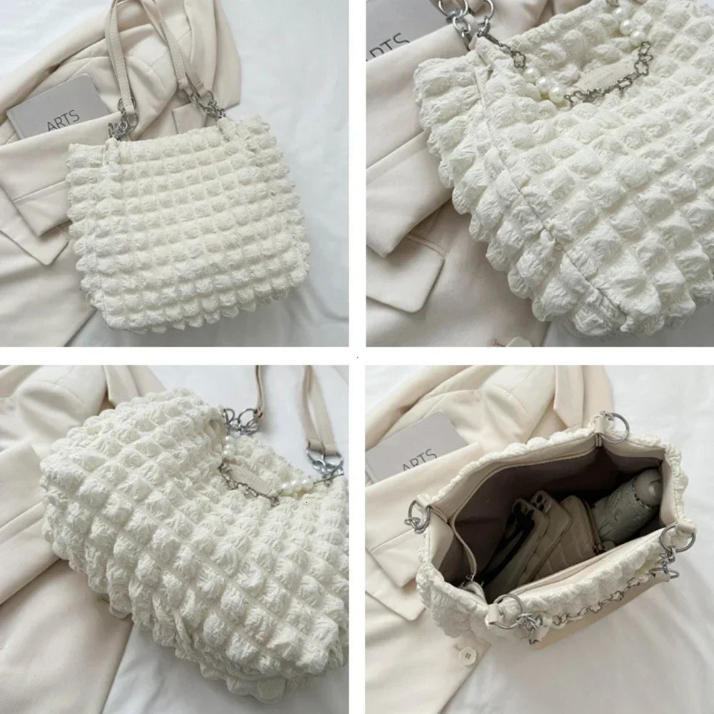 Fashion Plaid Womens Beaded Chain Shoulder Bags Large Capacity Ladies Tote Bag Soft Fabric Female Handbags Purse 250605