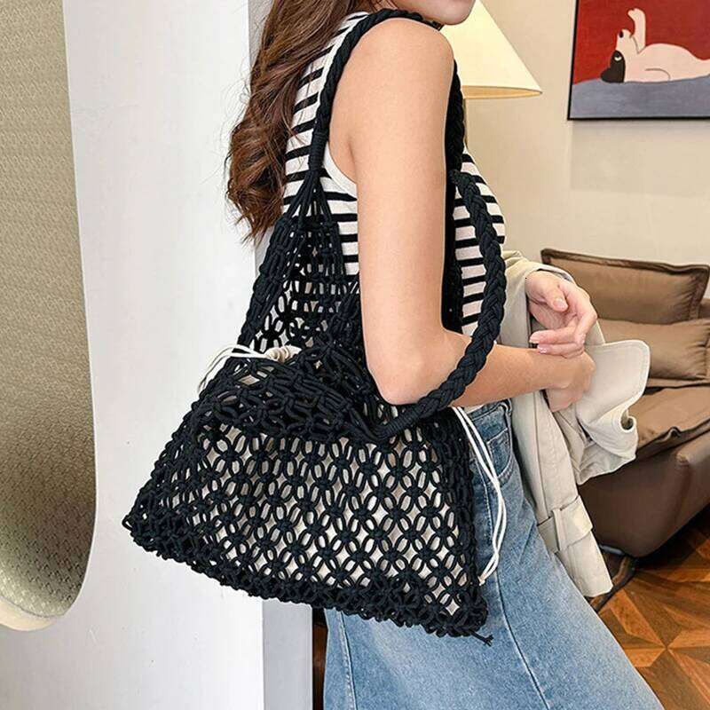 Fashion Crochet Bags For Women Summer Beach Tote Raffia Aesthetic Totes Straw Handbag Bohemian Boho Woven Knit Shoulder Bag