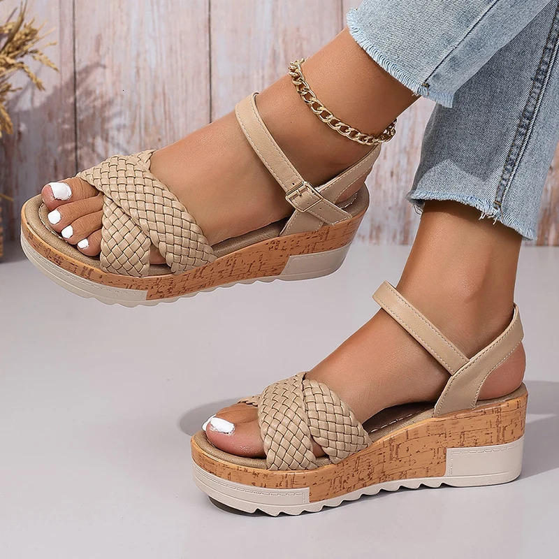 Womens Braided Platform Sandals 2025 Summer Chunky Wedges Gladiator Sandals Woman Ankle Straps Vacation Casual Beach Sandles 250605