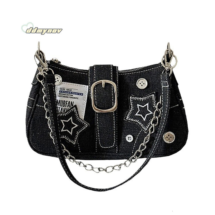 Y2K Millennial Underarm Women Button Denim Canvas Hot Girl Star Handbag Chain Bag ddmynov