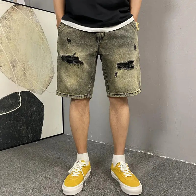 Mens Button Zipper Pocket Straight Loose Five-point Casual Wash Retro Yellow Mud Ripped Denim Shorts 250530