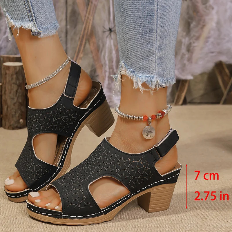 Hollow Out Womens High Heels Sandals Summer Hook Loop Thick Heeled Platform Sandles Casual Anti-Slip Beach Sandals Plus Size 250605