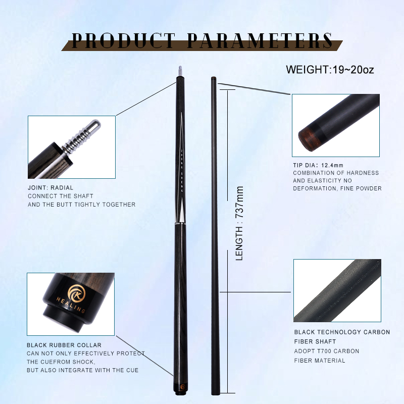 OKHEALING Play Pool Cue Black Technology Carbon Fiber Shaft 12.4mm Pigskin Tip 58in Radial Joint 8-teeth Professional Billiard Cue 1/2 Pool Game Cue S