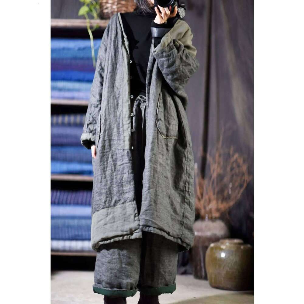 Women Linen Patchwork Thin Padded Outerwear Ladies Vintage Washed Flax Spliced Long Coat Parkas Female Topcoat