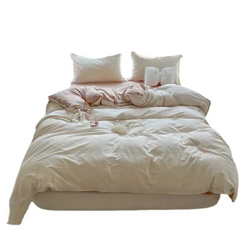 100% Washed Cotton Duvet Cover Set Cream 4 Pieces Luxury Soft Bedding Set with Buttons Closure Striped Pattern Duvet Cover T250606