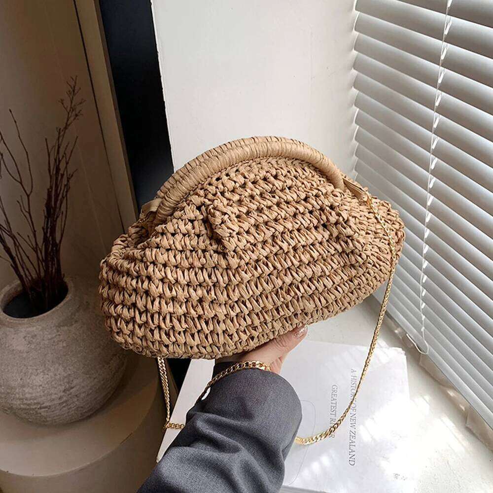 Women Woven Chain Strap Straw Clutch Purse Large Capacity Stylish Crossbody Bag Solid Color For Party Vacation