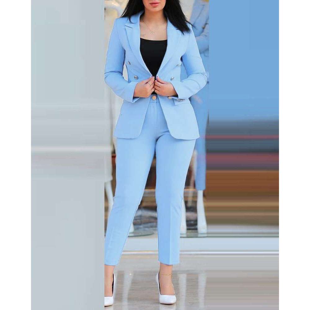 Women's Solid Color Slim Fit Casual Fashion Waist-Cinching Double-Breasted Two-Piece Suit Set B5