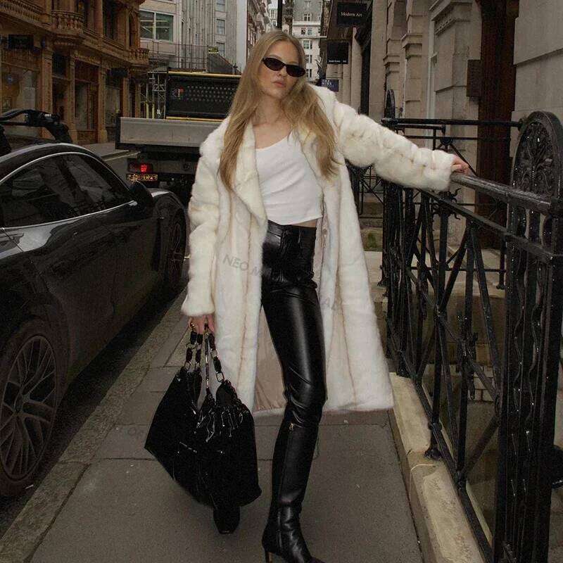 Neo Mint 2024 Winter Quality Long Faux Mink Coat Women High Street Furry Fur Jacket Brand Outerwear Overcoat