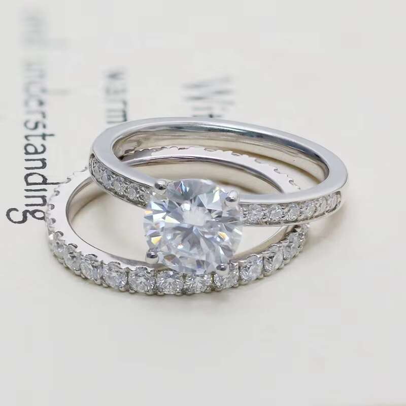 Rhodium Plated Sterling Silver925 Moissanite Ring Set 8MM 2CT Round Moissanite Ring with 2mm Eternity Ring Band