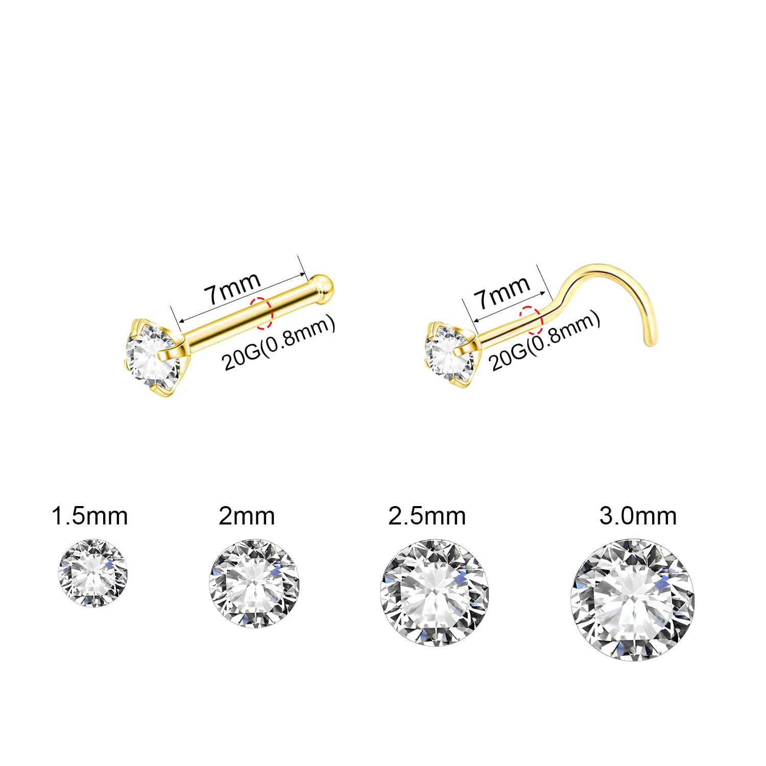 5Pcs CZ Gem Nose Piercing Stud Crystal Stainless Steel Nariz Body Jewelry S Shape Nostril Ring for Women Girl 20g 0.8mm 250605