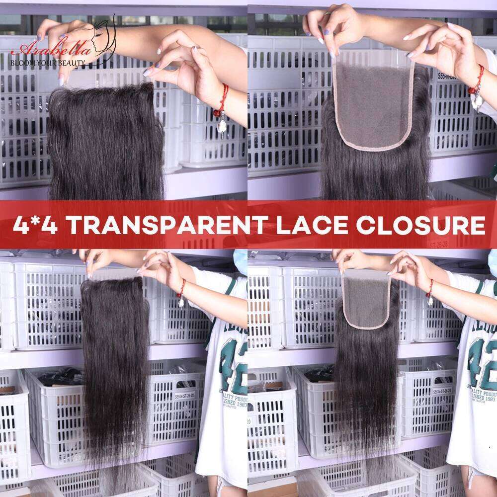 Super Double Drawn 4x4 Transparent Lace Straight Arabella Virgin Hair Weave Bundles With Closure
