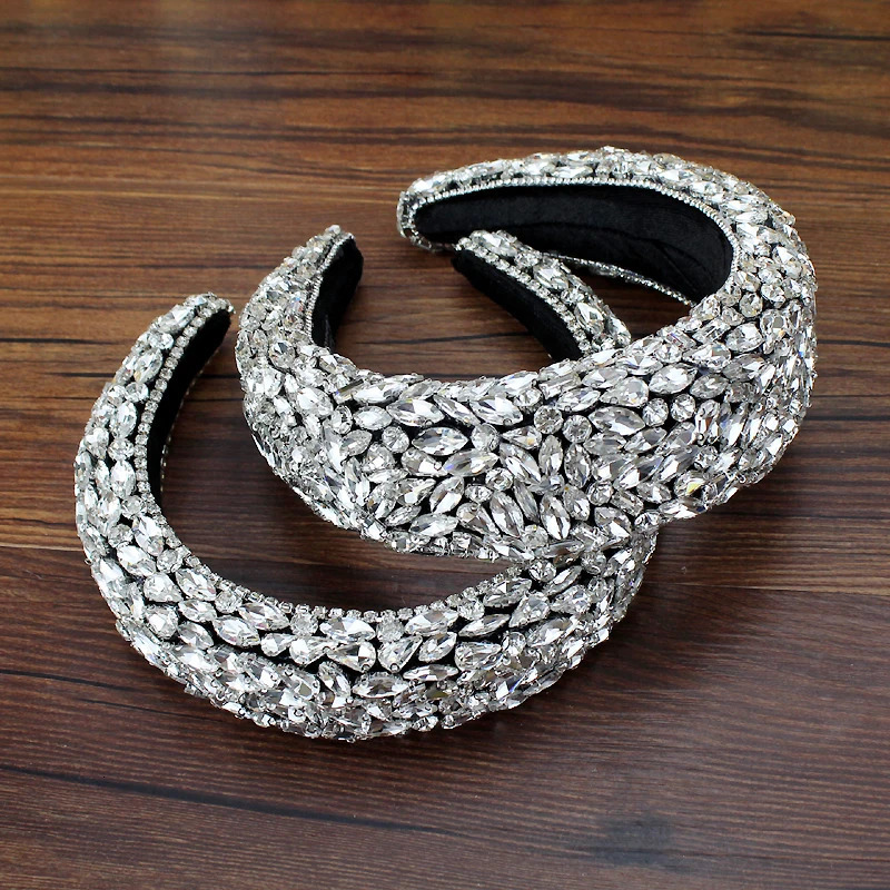 Large Silver Color Crystal Gem Headbands Padded Shiny Rhinestone Bridal Hairbands For Women Wedding Hair Accessories 250529