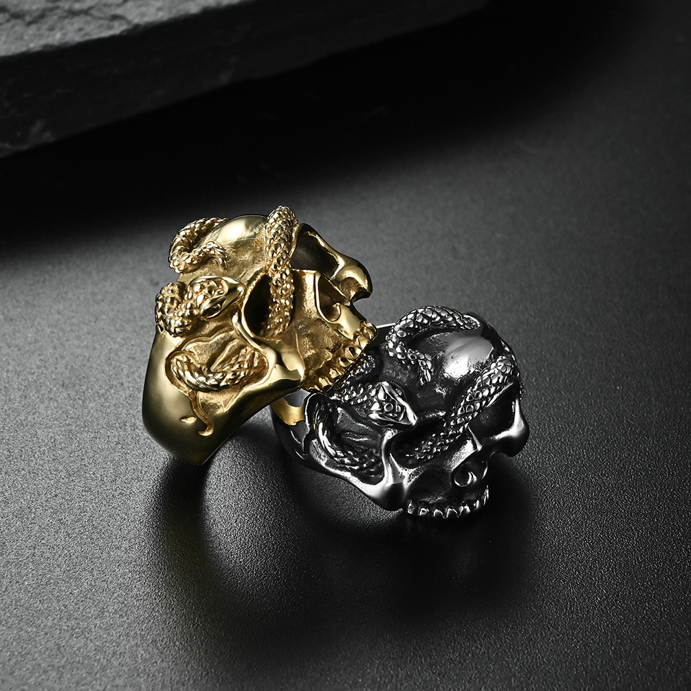 Hip Hop Vintage Stainless Steel Casting Snake Skull Ring Gold Plated Men Jewelry