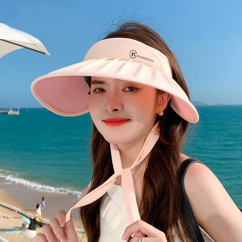 Summer ice silk streamers empty top hat Fashion shell large brim sunblock hat UV protection sunshade hat 250603