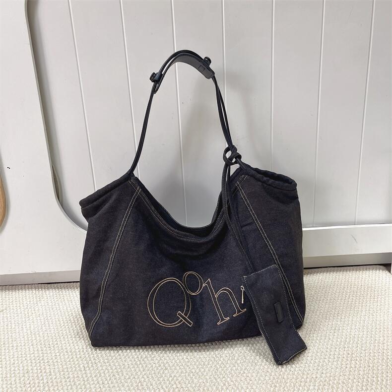 Korean Style Denim Tote for Women 2025 New Large Capacity Letter Shoulder Commuter Underarm Mommy Bag