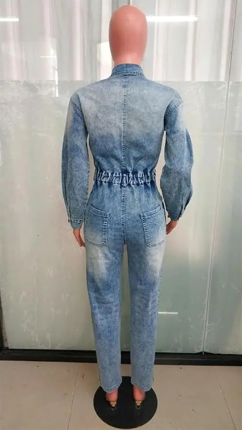 Womens Slim Fit Denim Jumpsuit - Long Sleeve Sexy Button Front with Pockets Casual Streetwear Outfit 250530