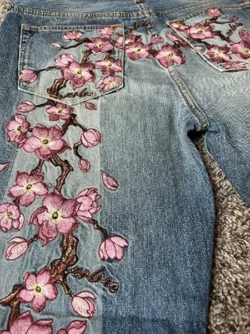 Vintage Best Seller Sakura Embroidery Graphic Jeans Men Y2k Harajuku Hip Hop Casual Baggy Pants Wide Trousers Goth Streetwear Z250605