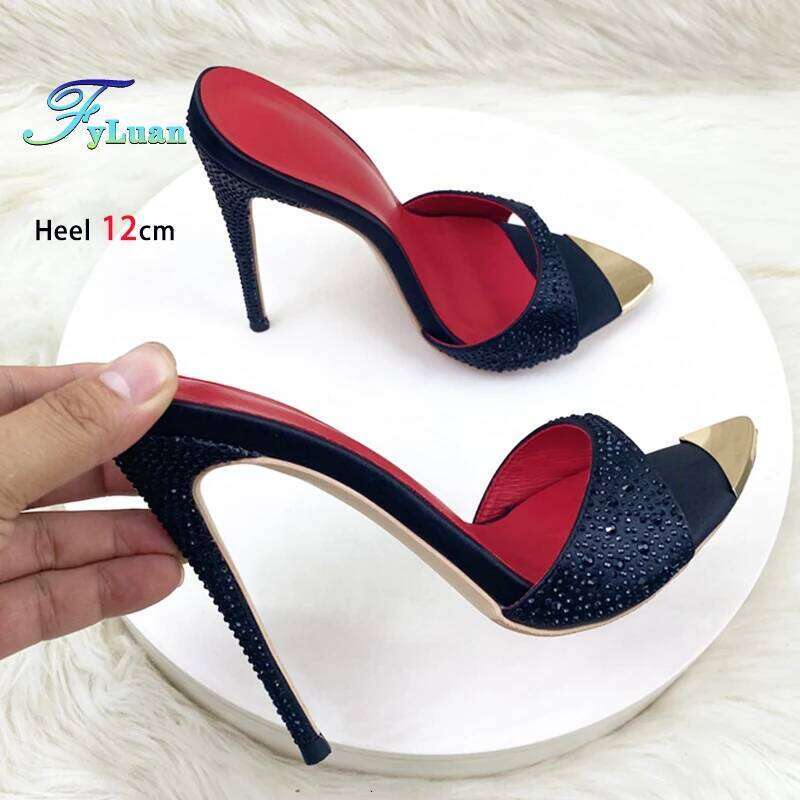 Women Rhinestone Stiletto Slippers Summer Party Shoes 12CM Black Pointed Toe Sandals For Ladies High Heels Mules Size 46