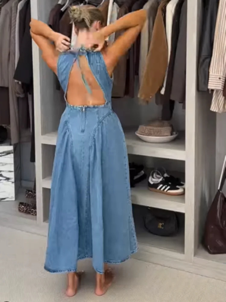 Women Fashion Denim Slim Long Dresses Chic O Neck Sleeveless High Waist Pleated Maxi Dresses 2025 Female Commute Street Vestidos 250529