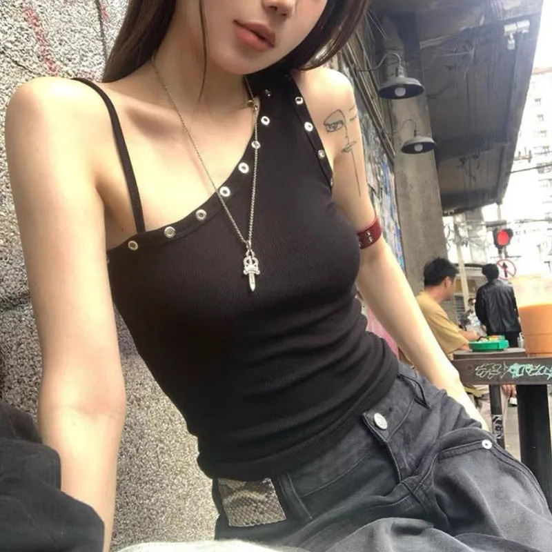 Lucyever Black Sexy One Shoulder Vest Tops Women Streetwear Ribbed Sleeveless Slim Fit Tank Female Y2K Grunge Punk Crop Tops 250605