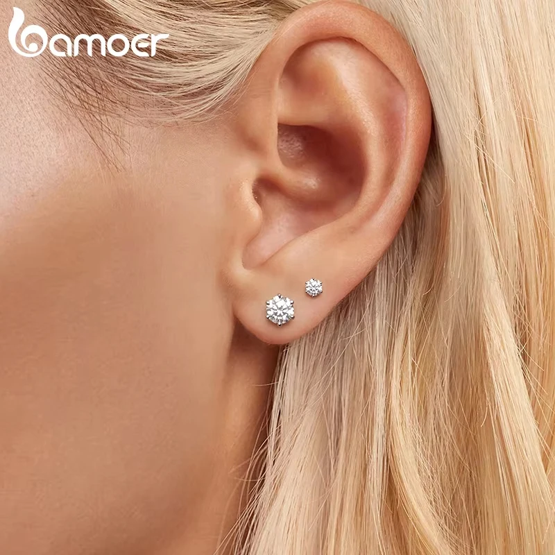 BAMOER White Gold Plated Moissanite Earrings for Women, real 925 Sterling Silver Sparkling Moissanite Studs Huggies Christmas Gift