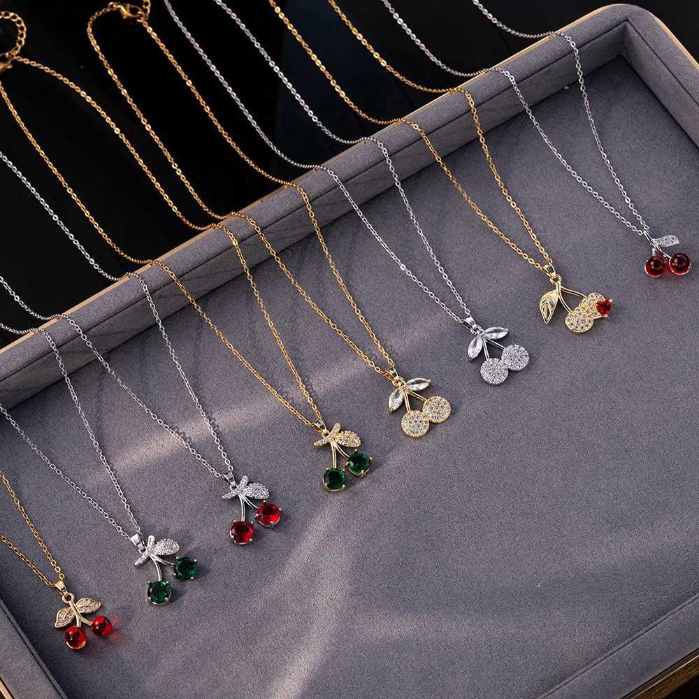 Shiny Cute Zircon Cherry Pendant Necklaces for Women Girls Stainless Steel Chain Kpop Sweet Collar Jewelry Accessories Gifts Y250605