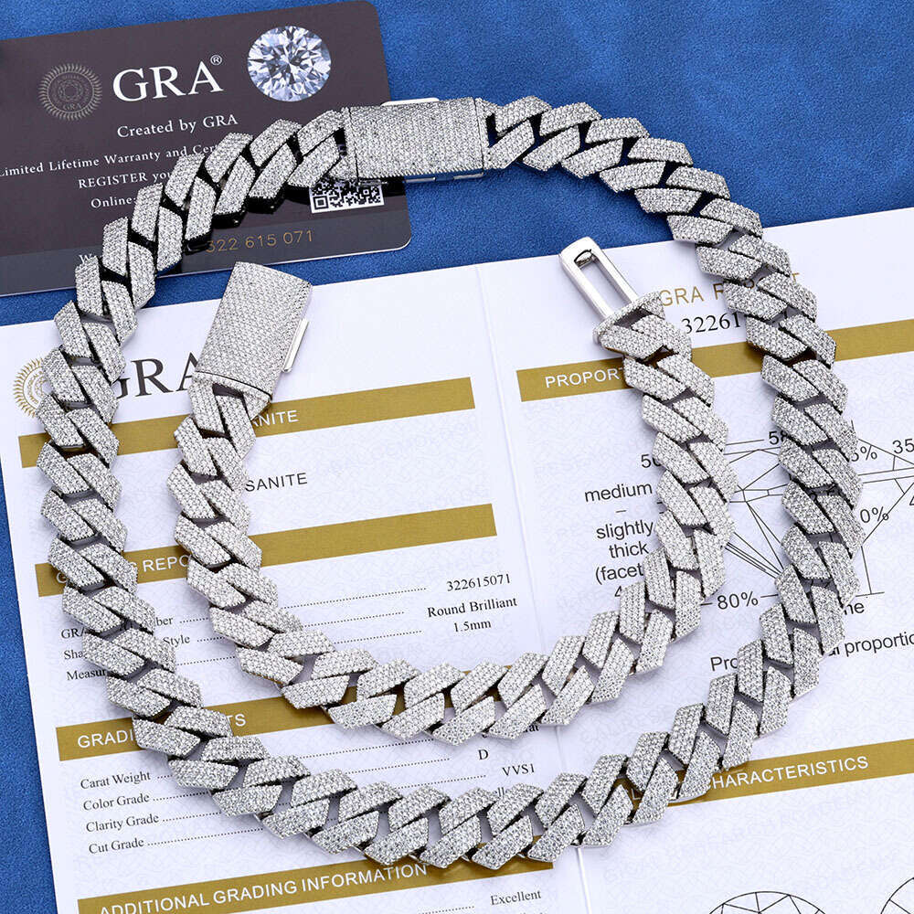 deigner necklace hip hop jewelry 20mm wide 3row link chain vv moianite white gold plated terling ier cuban
