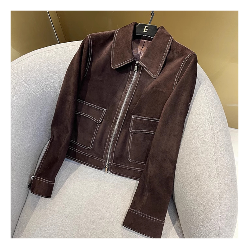Top layer sheepskin suede genuine leather jacket