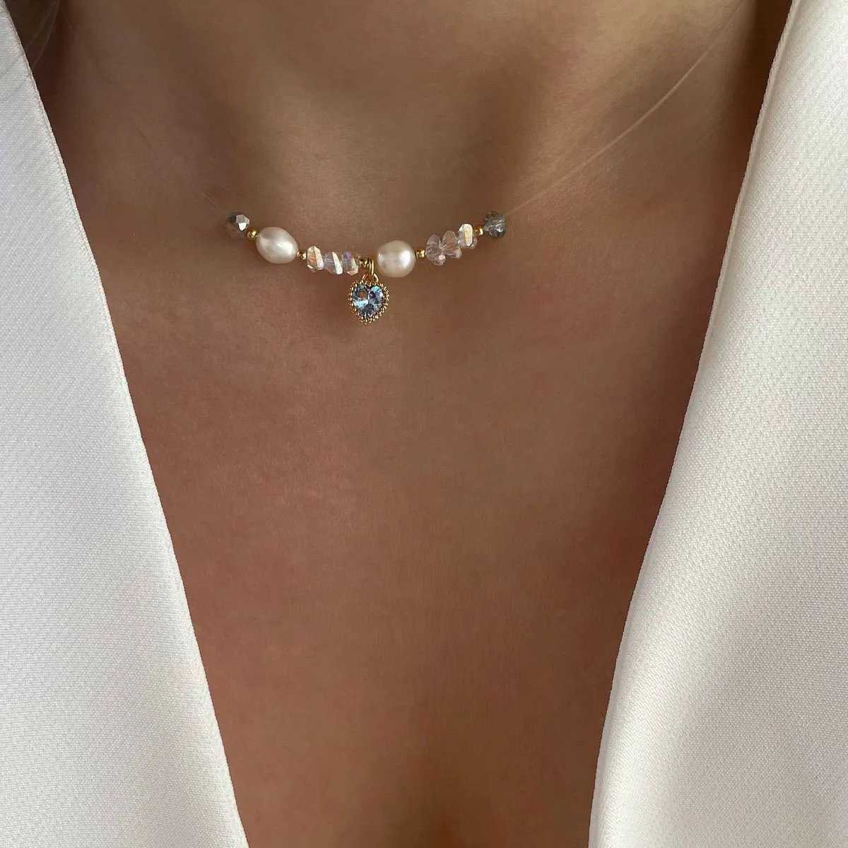 Fashion Simple Shaped Natural Freshwater Pearls Zircon Heart Necklace For Women Female Girl Baroque Choker Jewelry Gift N0495 Y250605