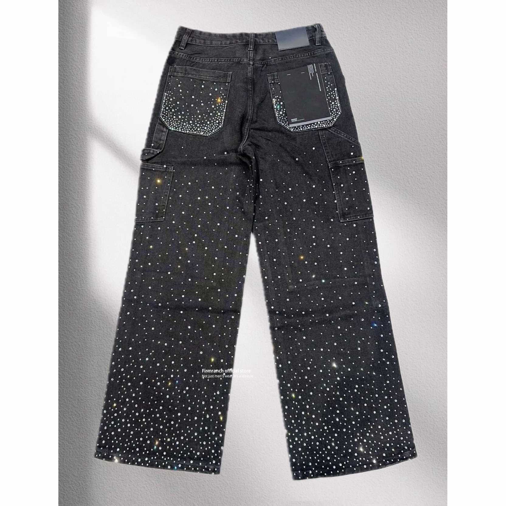 Firmranch New Sparkle Full Rhinestone Denim Pants For Men Women High Street Black Blue Shining Jeans Wide-leg Trousers Z250605
