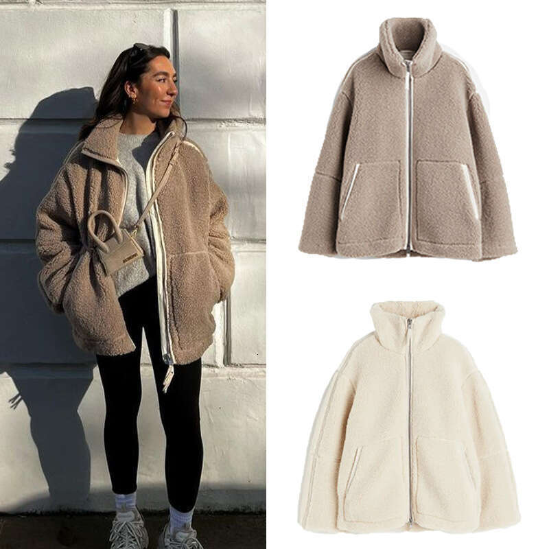 Women's Fashion Autumn Winter Color Block Stand Collar Resin Zipper Warm Faux Shearling Jacket B5